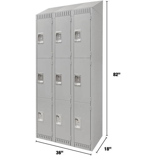Lockers, 3 -tier, Bank of 3, 36" x 18" x 82", Steel, Grey, Knocked Down Waymarc Industries Inc