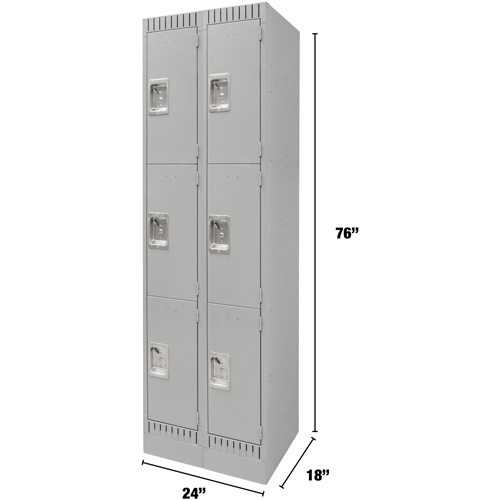 Lockers, 3 -tier, Bank of 2, 24" x 18" x 76", Steel, Grey, Knocked Down Waymarc Industries Inc