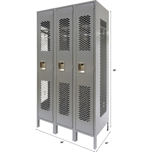 Vented Lockers, Bank of 3, 36" x 18" x 78", Steel, Grey, Knocked Down, Perforated Waymarc Industries Inc