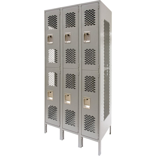Casiers ventil&eacute;s, 2 niveaux, Bloc de 3, 36" x 18" x 78", Acier, Gris, D&eacute;mont&eacute;, Perfor&eacute; Waymarc Industries Inc
