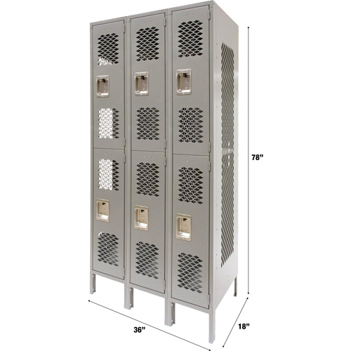 Casiers ventil&eacute;s, 2 niveaux, Bloc de 3, 36" x 18" x 78", Acier, Gris, D&eacute;mont&eacute;, Perfor&eacute; Waymarc Industries Inc