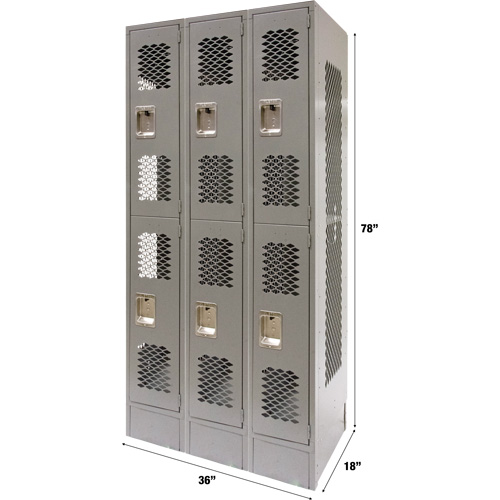 Vented Lockers, 2 -tier, Bank of 3, 36" x 18" x 78", Steel, Grey, Knocked Down, Perforated Waymarc Industries Inc