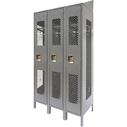 Vented Lockers, Bank of 3, 36" x 18" x 88", Steel, Grey, Knocked Down, Perforated Waymarc Industries Inc