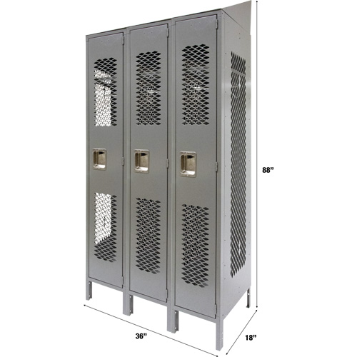 Vented Lockers, Bank of 3, 36" x 18" x 88", Steel, Grey, Knocked Down, Perforated Waymarc Industries Inc