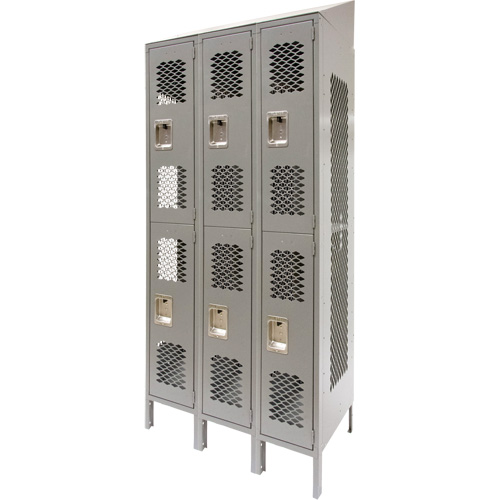 Vented Lockers, 2 -tier, Bank of 3, 36" x 18" x 88", Steel, Grey, Knocked Down, Perforated Waymarc Industries Inc