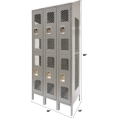 Vented Lockers, 2 -tier, Bank of 3, 36" x 18" x 88", Steel, Grey, Knocked Down, Perforated Waymarc Industries Inc