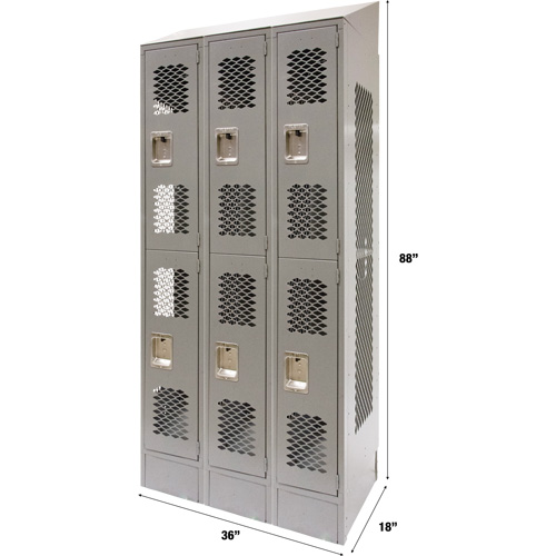 Casiers ventil&eacute;s, 2 niveaux, Bloc de 3, 36" x 18" x 88", Acier, Gris, D&eacute;mont&eacute;, Perfor&eacute; Waymarc Industries Inc