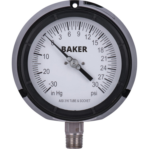 Pressure Gauge, 4-1/2" , 30"-0-30 psi, Bottom Mount, Liquid Filled Analogue Waymarc Industries Inc