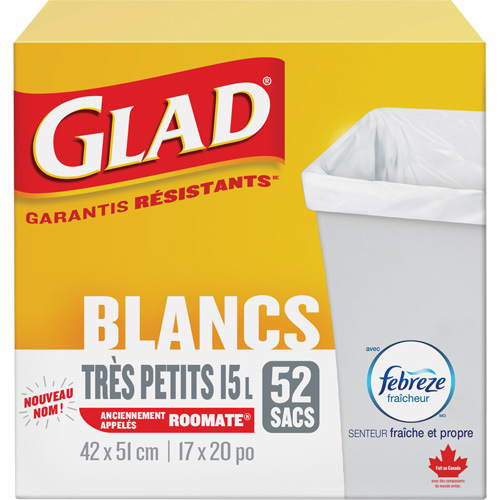 Tr&egrave;s petits sacs &agrave; ordures 15 L avec Febreze, R&eacute;gulier, 17" la x 20" lo, Blanc Waymarc Industries Inc