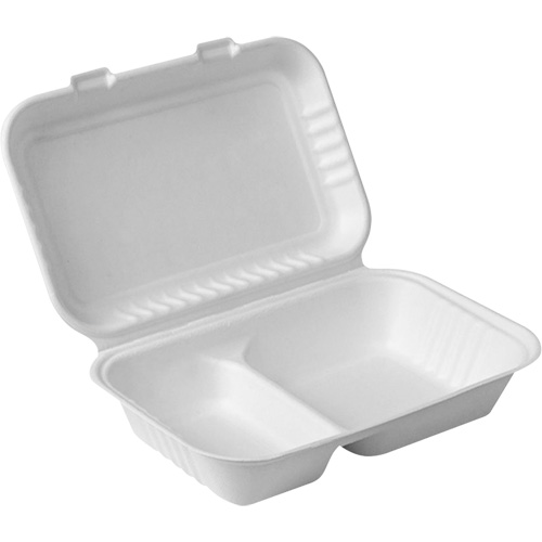 Compostable Hinged Food Containers with Compartments, Bagasse, Rectangular Waymarc Industries Inc