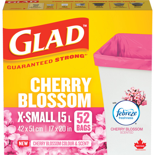 Glad&reg; Cherry Blossom Coloured & Scented Bags, Strong, 17" W x 20" L, Pink, 15 L (3.96 Gal.) Capacity Waymarc Industries Inc