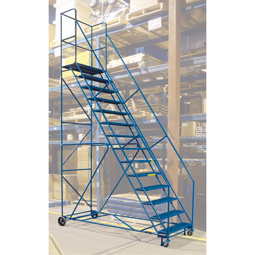 Escabeau roulant certifi&eacute; par la CSA avec pied verrouillable, 14 marches, Largeur de la marche 30", Hauteur de la plateforme 128", Acier Waymarc Industries Inc