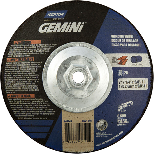Gemini&reg; Saucer Wheel, 7" x 1/4", 5/8"-11 Arbor, Aluminum Oxide, Type 28 Waymarc Industries Inc