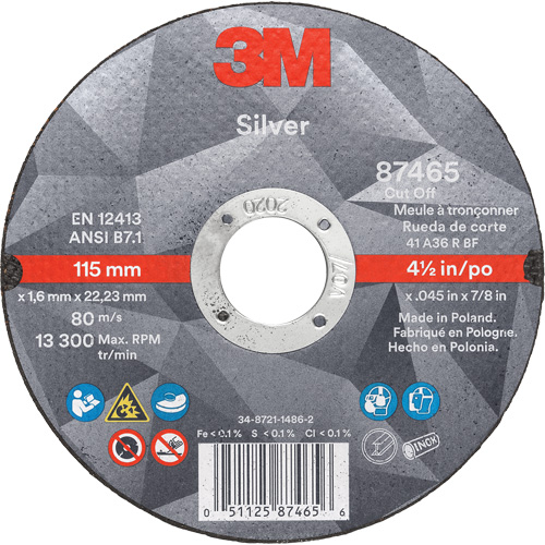 Silver Cut-Off Wheel, 4-1/2" x 0.045", 7/8" Arbor, Type 1, Ceramic, 13300 RPM Waymarc Industries Inc