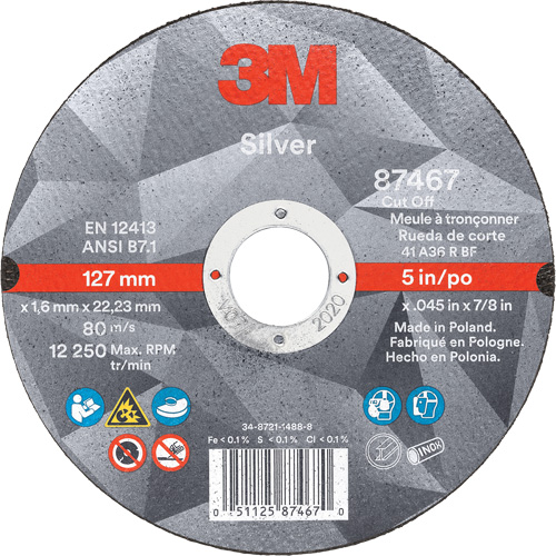 Silver Cut-Off Wheel, 5" x 0.045", 7/8" Arbor, Type 1, Ceramic, 12250 RPM Waymarc Industries Inc