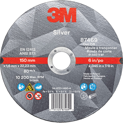 Silver Cut-Off Wheel, 6" x 0.045", 7/8" Arbor, Type 1, Ceramic, 10200 RPM Waymarc Industries Inc