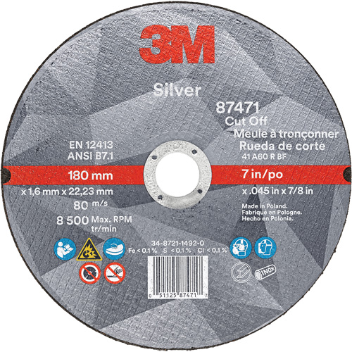 Silver Cut-Off Wheel, 7" x 0.045", 7/8" Arbor, Type 1, Ceramic, 8500 RPM Waymarc Industries Inc