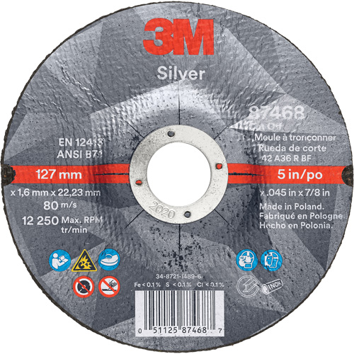Silver Cut-Off Wheel, 5" x 0.045", 7/8" Arbor, Type 27, Ceramic, 12250 RPM Waymarc Industries Inc