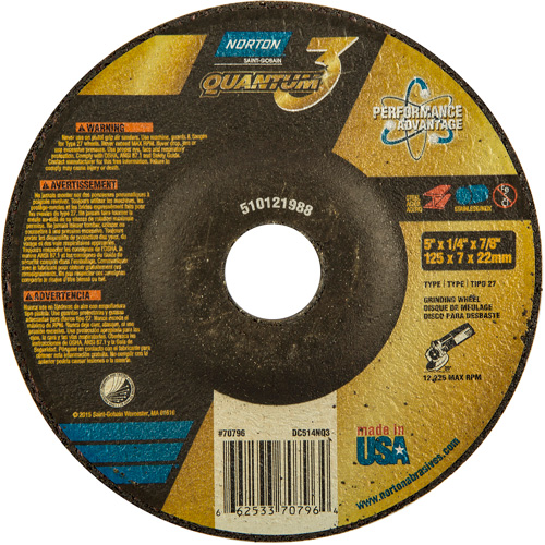 Quantum3 Grinding Wheel, 5" x 1/4", 7/8" Arbor, Ceramic, Type 27 Waymarc Industries Inc