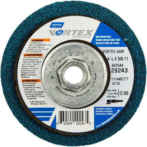 Meule abrasive non tiss&eacute;e &agrave; moyeu d&eacute;port&eacute; Vortez Rapid Blend, 4-1/2" dia., Grain 100-120, Oxyde d'aluminium Waymarc Industries Inc