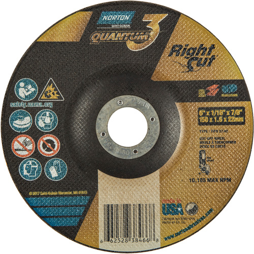 Quantum3 RightCut Cut-Off Wheel, 6" x 1/16", 7/8" Arbor, Type 27/42, Aluminum Oxide, 10185 RPM Waymarc Industries Inc