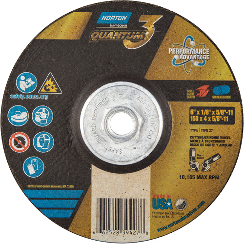 Disque de rectification et de tronçonnage Quantum3, 6" x 1/8", Arbre de 5/8"-11, Type 27, Grain de 24, C&eacute;ramique d'alumine Waymarc Industries Inc