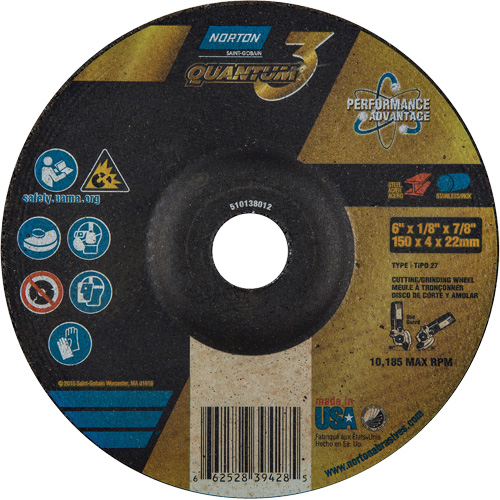 Disque de rectification et de tronçonnage Quantum3, 6" x 1/8", Arbre de 7/8", Type 27, Grain de 24, C&eacute;ramique d'alumine Waymarc Industries Inc