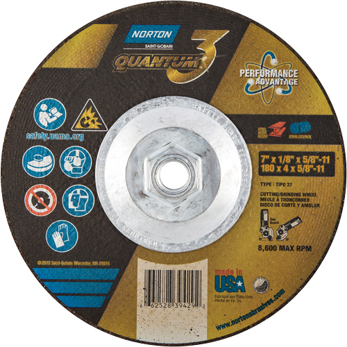 Disque de rectification et de tronçonnage Quantum3, 7" x 1/8", Arbre de 5/8"-11, Type 27, Grain de 24, C&eacute;ramique d'alumine Waymarc Industries Inc