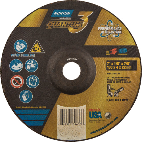 Disque de rectification et de tronçonnage Quantum3, 7" x 1/8", Arbre de 7/8", Type 27, Grain de 24, C&eacute;ramique d'alumine Waymarc Industries Inc