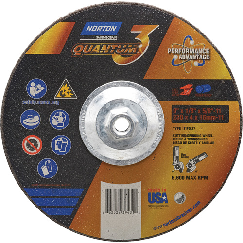 Disque de rectification et de tronçonnage Quantum3, 9" x 1/8", Arbre de 5/8"-11, Type 27, Grain de 24, C&eacute;ramique d'alumine Waymarc Industries Inc