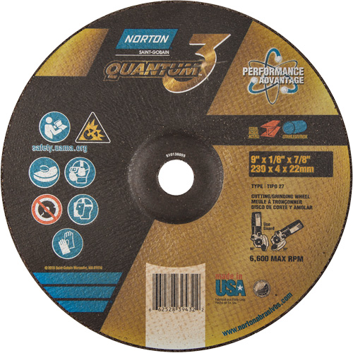 Disque de rectification et de tronçonnage Quantum3, 9" x 1/8", Arbre de 7/8", Type 27, Grain de 24, C&eacute;ramique d'alumine Waymarc Industries Inc