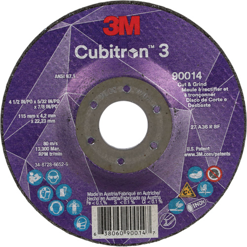Cubitron 3 Cut & Grind Wheel, 4-1/2" x 5/32", 7/8" Arbor, Type T27, 36+ Grit, Ceramic Waymarc Industries Inc