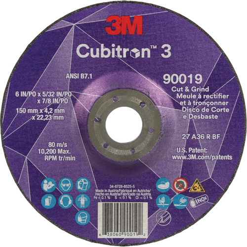 Meule &agrave; couper & tronçonner Cubitron 3, 6" x 5/32", Arbre de 7/8", Type T27, Grain de 36+, C&eacute;ramique Waymarc Industries Inc