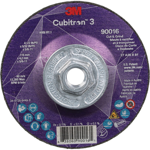 Cubitron 3 Cut & Grind Wheel, 4-1/2" x 5/32", 5/8"-11 Arbor, Type T27, 36+ Grit, Ceramic Waymarc Industries Inc