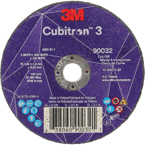 Cubitron 3 Cut-Off Wheel, 3" x 0.045", 3/8" Arbor, Type T1, Ceramic, 21000 RPM Waymarc Industries Inc