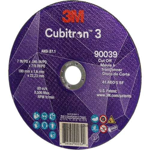 Cubitron 3 Cut-Off Wheel, 7" x 0.09", 7/8" Arbor, Type T27, Ceramic, 8500 RPM Waymarc Industries Inc