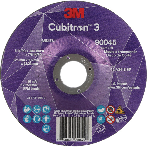 Cubitron 3 Cut-Off Wheel, 5" x 0.045", 7/8" Arbor, Type T27, Ceramic, 12250 RPM Waymarc Industries Inc