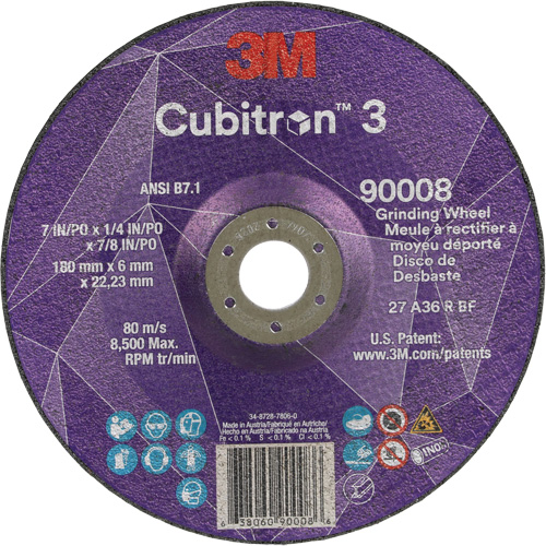 Cubitron 3 Depressed Centre Grinding Wheel, 7" x 1/4", 7/8" Arbor, Ceramic, Type T27 Waymarc Industries Inc