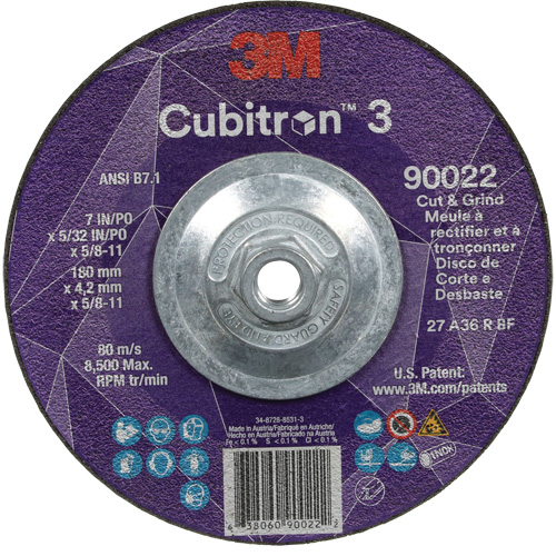 Cubitron 3 Cut and Grind Wheel, 7" x 5/32", 5/8"-11 Arbor, Type 27, 36 Grit, Ceramic Waymarc Industries Inc
