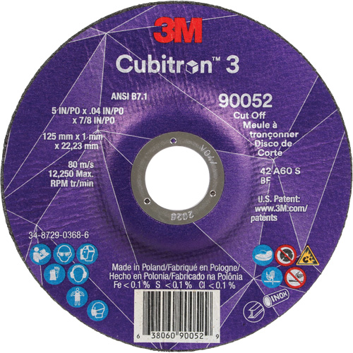 Cubitron 3 Cut-Off Wheel, 5" x 0.04", 7/8" Arbor, Type 27, Ceramic, 60 RPM Waymarc Industries Inc