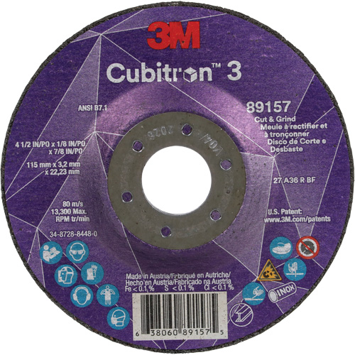 Cubitron 3 Cut and Grind Wheel, 4-1/2" x 1/8", 7/8" Arbor, Type 27, 36 Grit, Ceramic Waymarc Industries Inc
