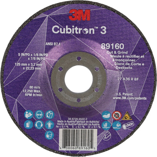 Cubitron 3 Cut and Grind Wheel, 5" x 1/8", 7/8" Arbor, Type 27, 36 Grit, Ceramic Waymarc Industries Inc