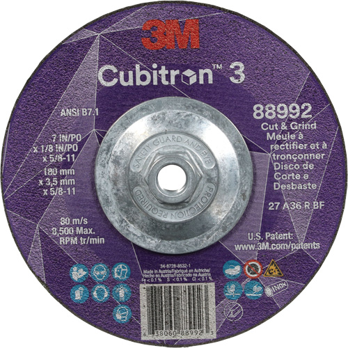 Cubitron 3 Cut and Grind Wheel, 7" x 1/8", 5/8"-11 Arbor, Type 27, 36 Grit, Ceramic Waymarc Industries Inc