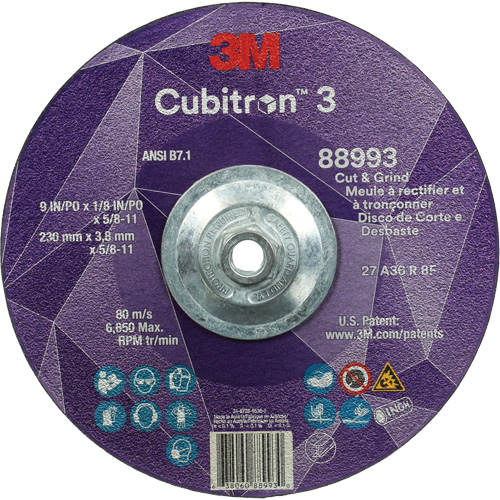 Cubitron 3 Cut and Grind Wheel, 9" x 1/8", 5/8"-11 Arbor, Type 27, 36 Grit, Ceramic Waymarc Industries Inc