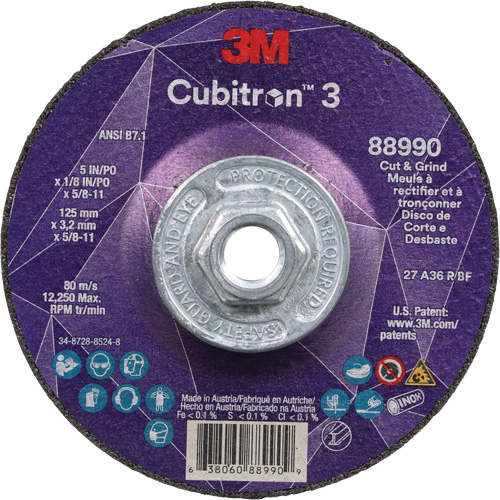 Meule &agrave; rectifier et &agrave; tronçonner Cubitron 3, 5" x 1/8", Arbre de 5/8"-11, Type 27, Grain de 36, C&eacute;ramique Waymarc Industries Inc