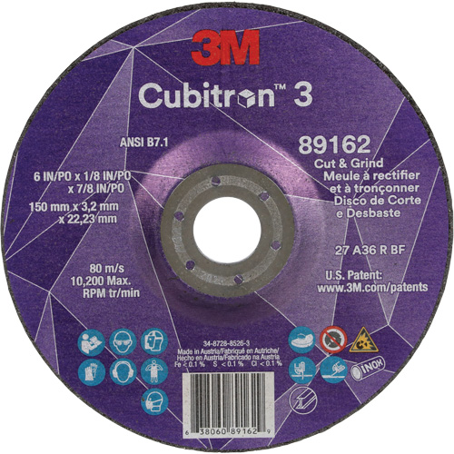 Meule &agrave; rectifier et &agrave; tronçonner Cubitron 3, 6" x 1/8", Arbre de 7/8", Type 27, Grain de 36, C&eacute;ramique Waymarc Industries Inc