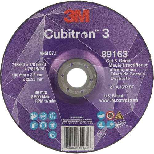 Cubitron 3 Cut and Grind Wheel, 7" x 1/8", 7/8" Arbor, Type 27, 36 Grit, Ceramic Waymarc Industries Inc