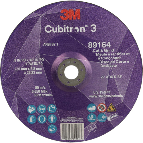 Cubitron 3 Cut and Grind Wheel, 9" x 1/8", 7/8" Arbor, Type 27, 36 Grit, Ceramic Waymarc Industries Inc
