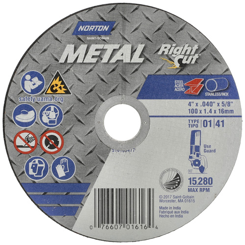 Meule &agrave; tronçonner m&eacute;tallique pour coupe &agrave; angle droit RightCut, 4-1/2" x 0,04", Arbre de 7/8", Type 01/41, Oxyde d'aluminium, 13580 Tr/min Waymarc Industries Inc