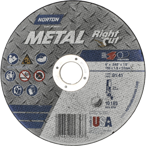 Meule &agrave; tronçonner m&eacute;tallique pour coupe &agrave; angle droit RightCut, 6" x 0,04", Arbre de 7/8", Type 01/41, Oxyde d'aluminium, 10185 Tr/min Waymarc Industries Inc